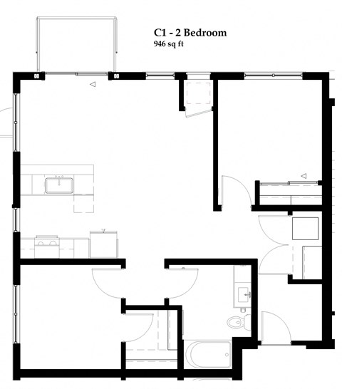 Floor plan for 2 beds, 1 bath, 946 sqft